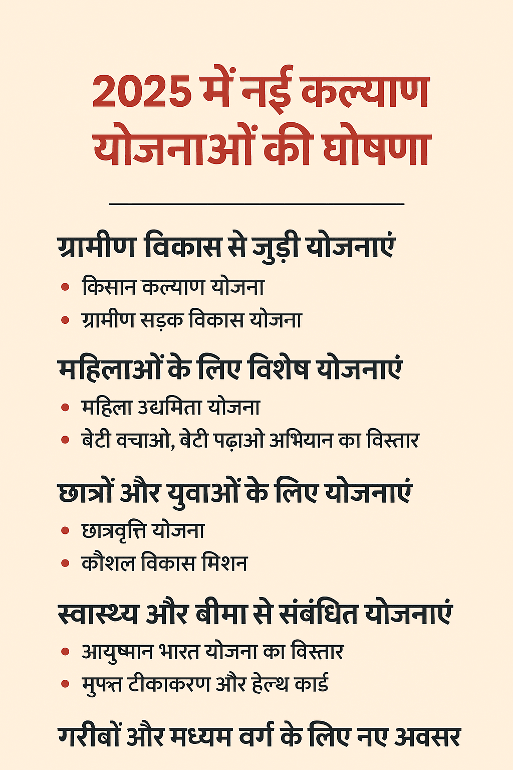 2025 में कल्याण योजनाओं की घोषणा